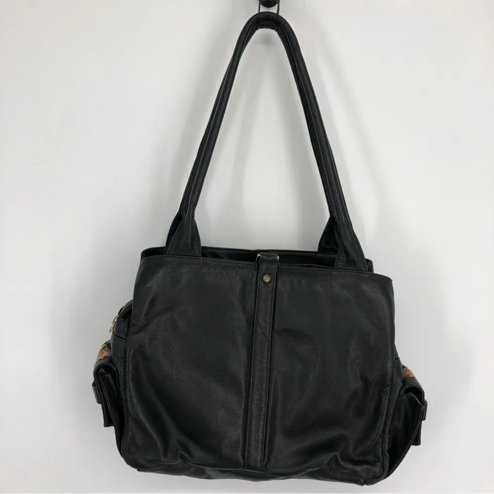 John Cole Satchel Bag‎ Leather Woven Tapestry Bag Black Zip Snaps Boho Chic